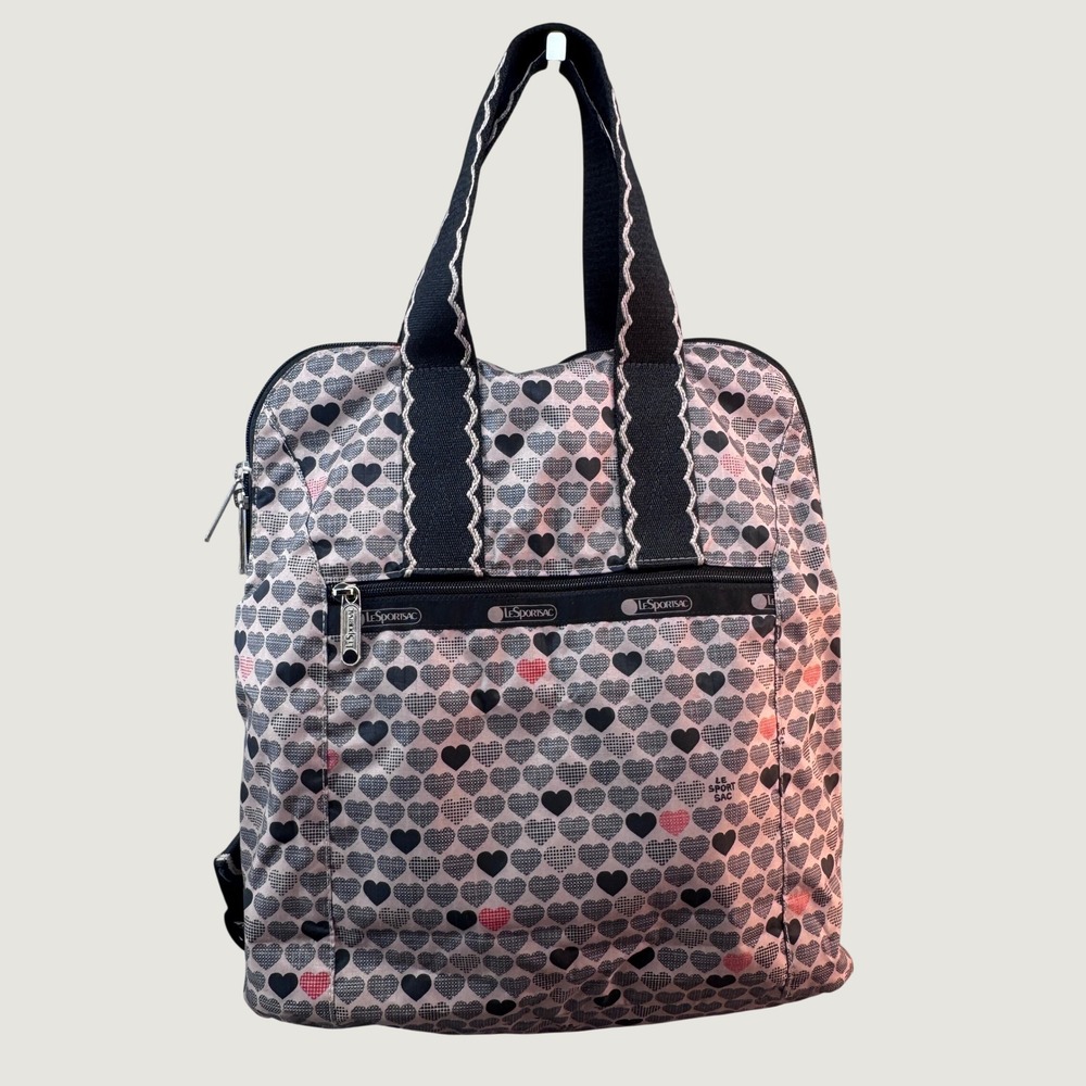 LeSportsac Heart Print Backpack Tote Bag OS Gray Black Y2K Kawaii Coquette